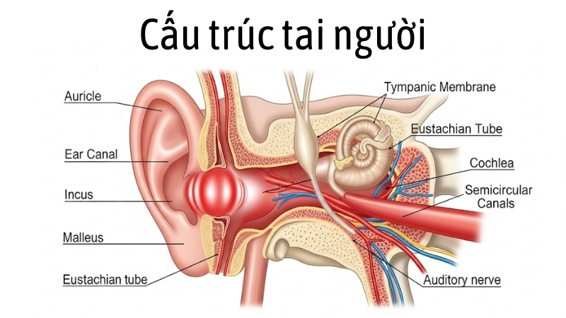  Cấu trúc tai người và vị trí có thể gây đau do viêm tai