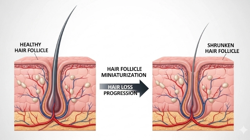  Sự khác biệt giữa nang lông khoẻ mạnh và nang lông bị teo nhỏ