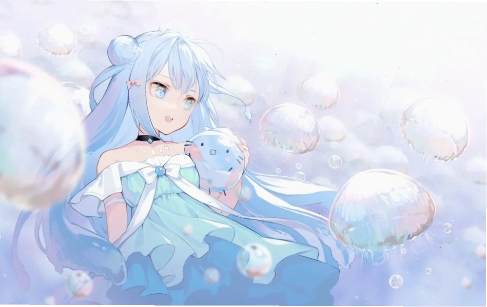 Ảnh anime nữ với mái tóc xanh dương dài óng ả