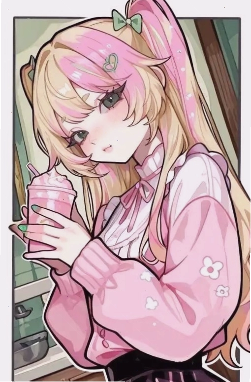 Anime girl tóc hồng uống sữa lắc, mặc áo len hoa
