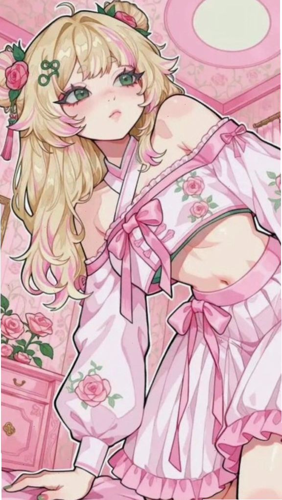 Anime girl tóc vàng với trang phục hoa hồng và phụ kiện lãng mạn