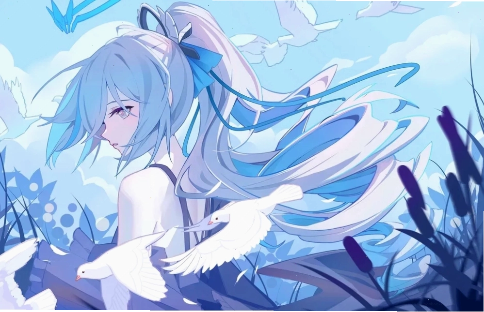 Anime nữ màu xanh dương cute với biểu cảm đáng yêu