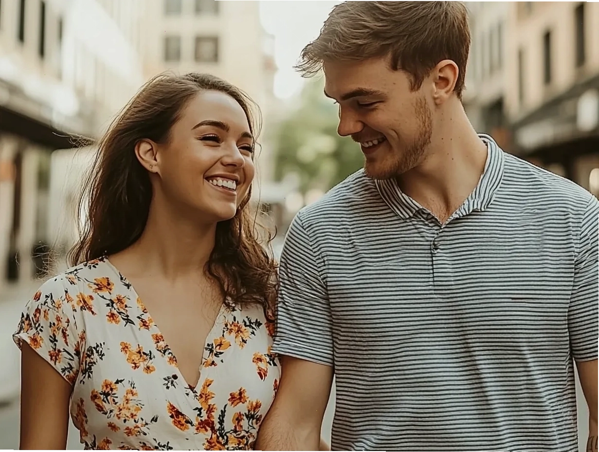 Cặp đôi nghiêng người để hôn trên đường phố thành phố, mỉm cười