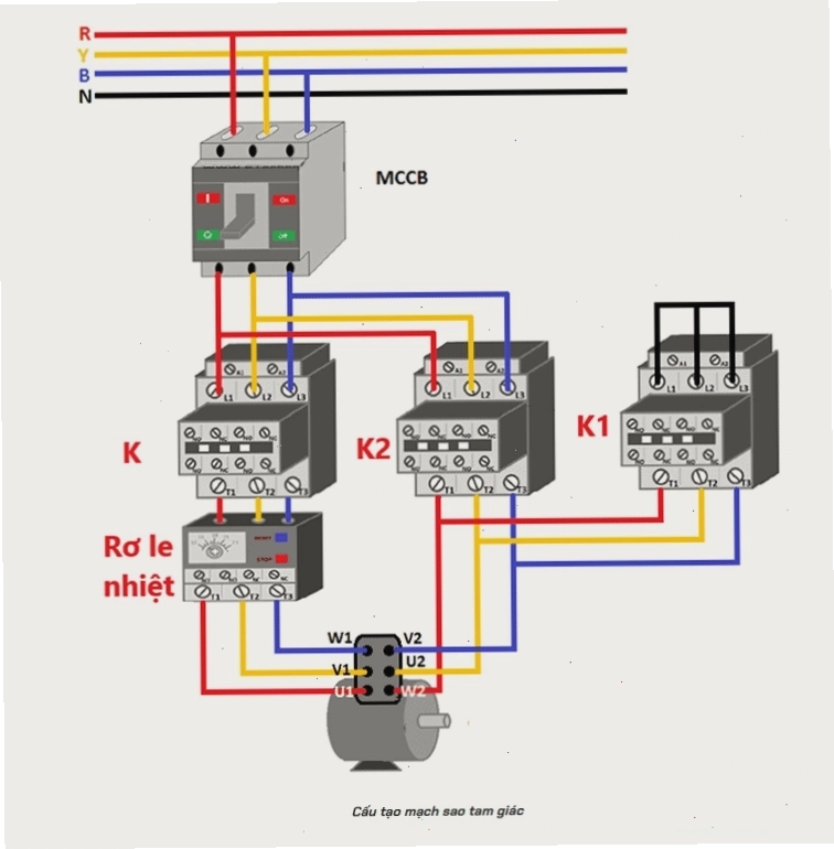 Cấu tạo chi tiết của mạch đấu sao tam giác gồm contactor và rơ le nhiệt