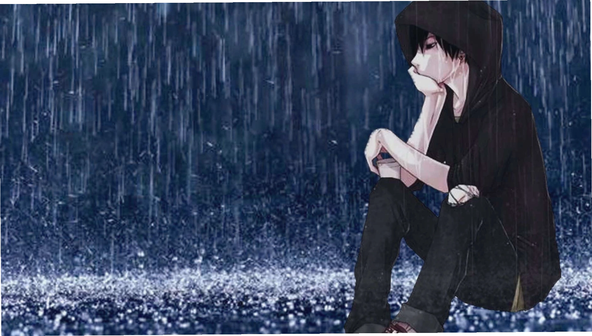 Chàng trai Anime ngồi một mình trong mưa buồn bã