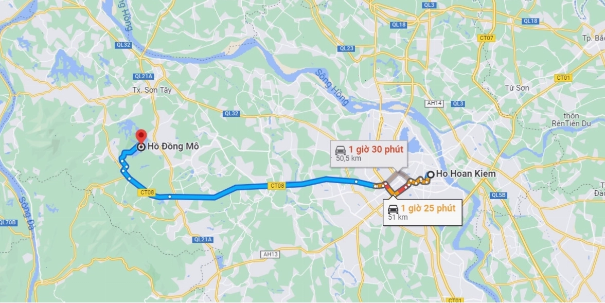 Đường di chuyển từ trung tâm Hà Nội đến khu du lịch Đồng Mô