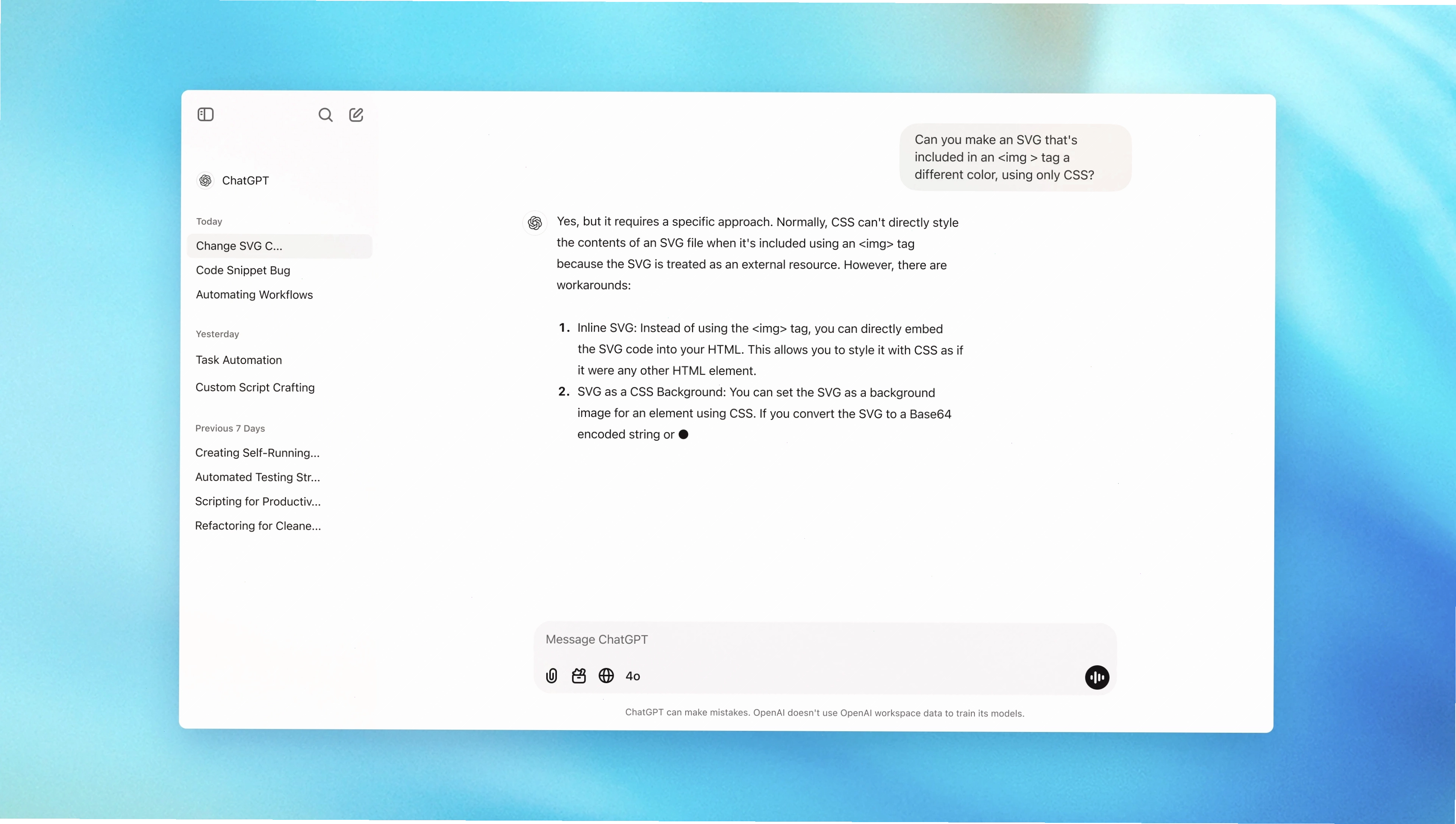 Giao diện ChatGPT đang tạo mã CSS theo yêu cầu