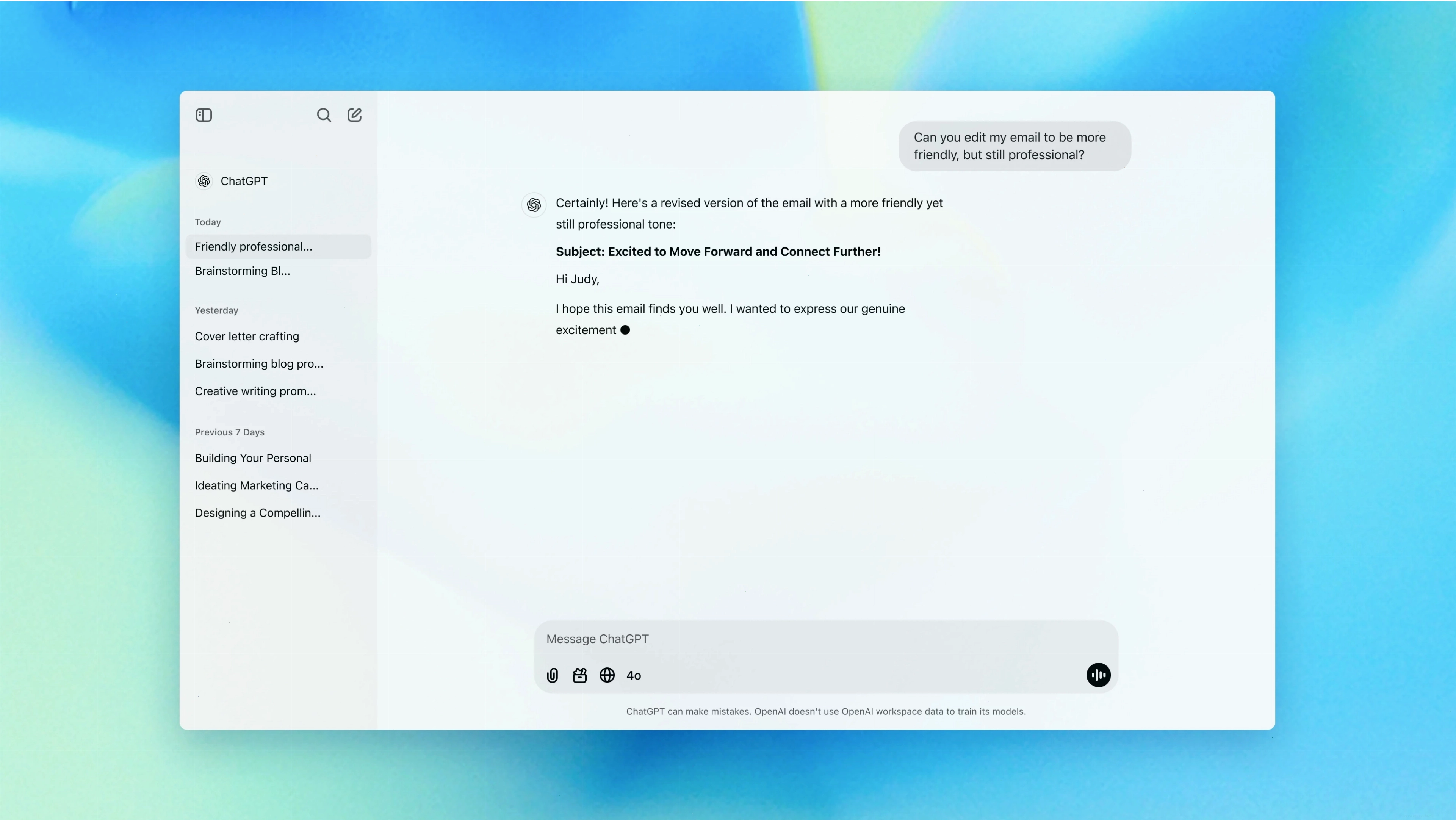 Giao diện ChatGPT giúp người dùng soạn thảo lại email chuyên nghiệp hơn