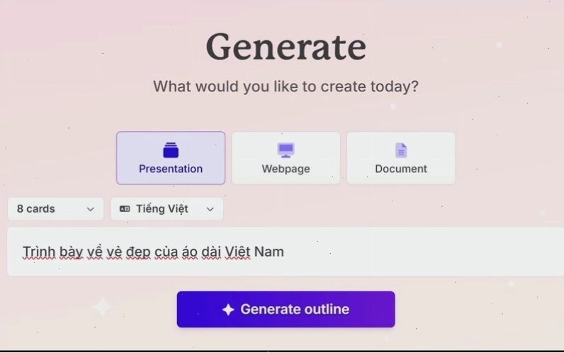 Giao diện chọn tạo dàn ý cho bài thuyết trình trên Gamma AI