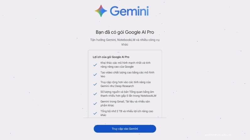Hoàn tất đăng ký Gemini 1 năm miễn phí cho sinh viên