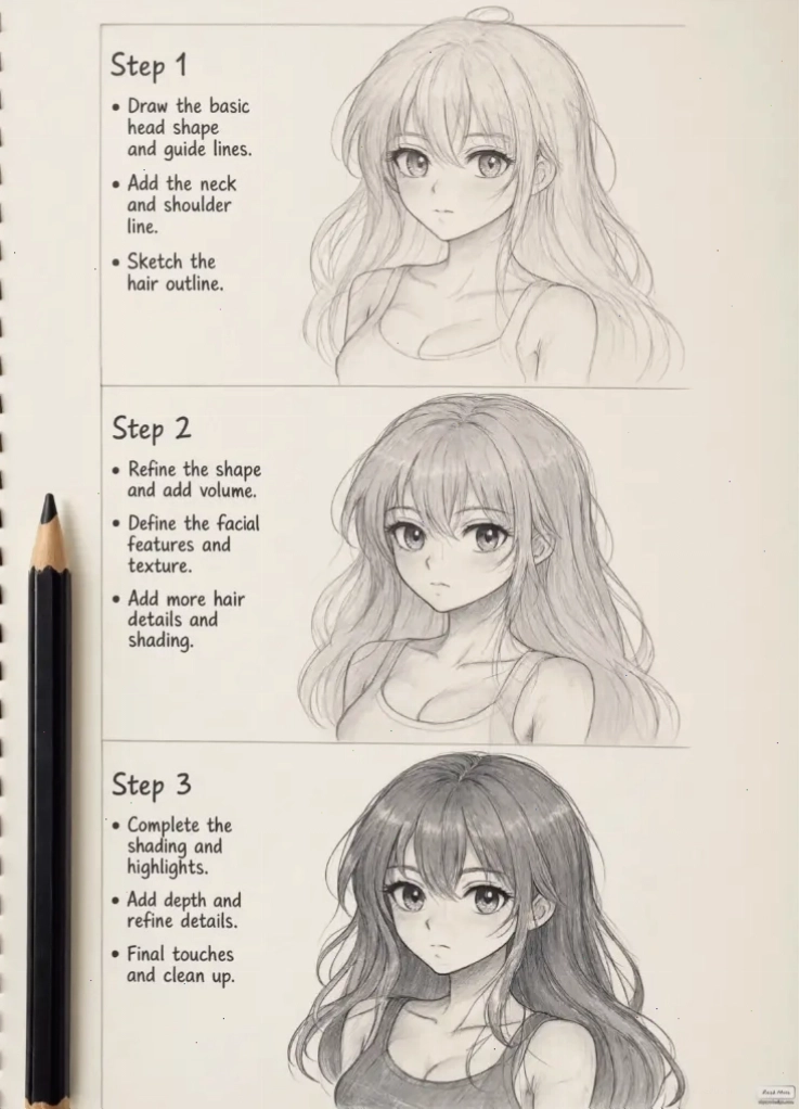 Hướng dẫn vẽ khuôn mặt và tóc nhân vật anime bằng bút chì