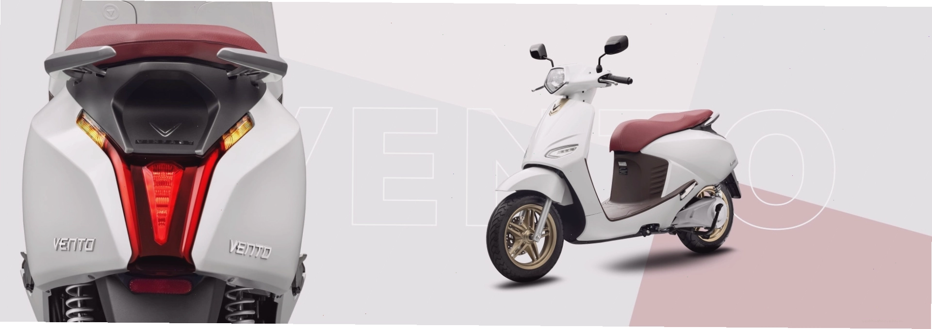 Kiểu dáng xe máy điện VinFast Vento màu trắng với yên đỏ