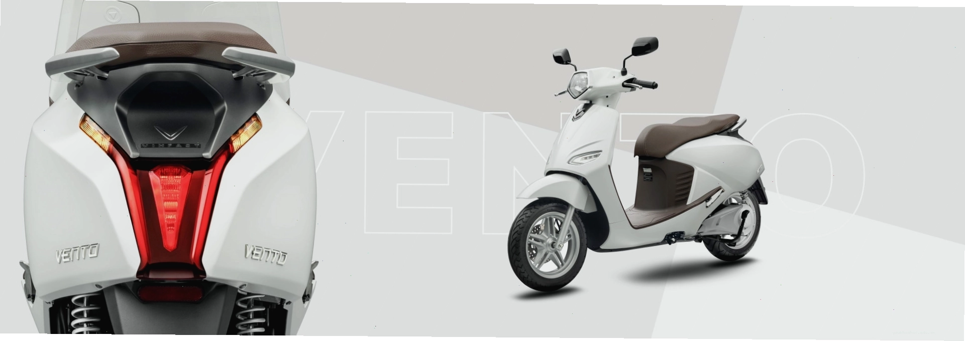 Kiểu dáng xe máy điện VinFast Vento màu trắng với yên nâu