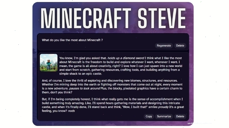 Minh họa cuộc trò chuyện giữa người dùng và AI Minecraft Steve trên DeepAI Chat