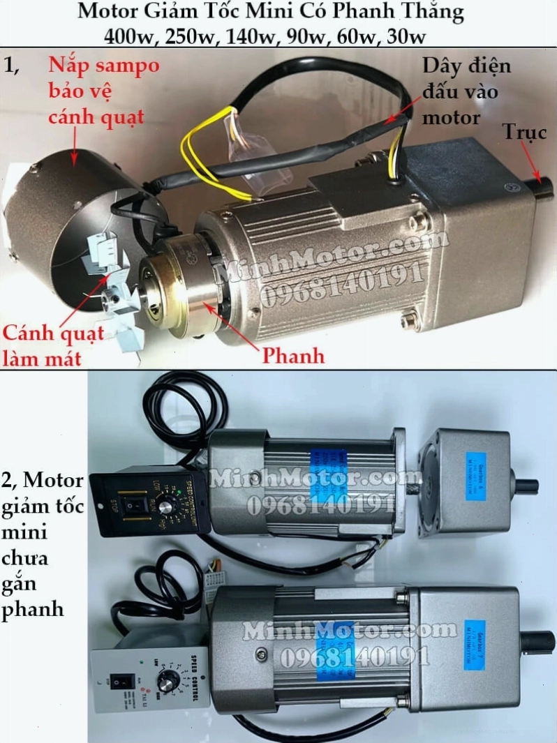 Motor giảm tốc mini có phanh với các mức công suất khác nhau