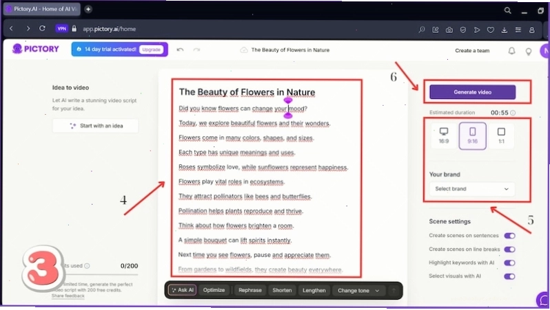 Nhập nội dung chi tiết để Pictory AI tạo video