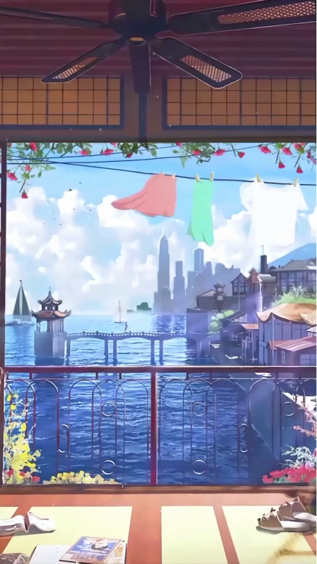 Phong cảnh anime với kiến trúc độc đáo và màu sắc tươi sáng