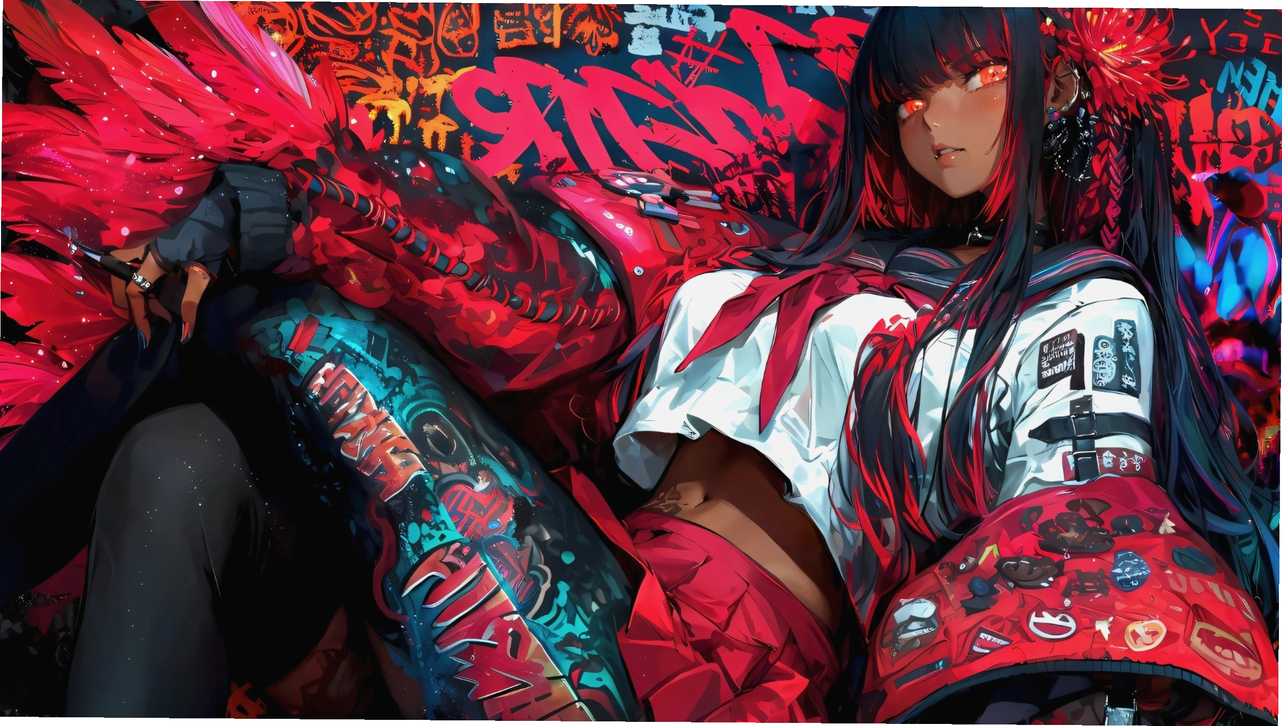 Phong cảnh núi non hùng vĩ trong anime với bầu trời xanh ngắt và mây trắng bồng bềnh