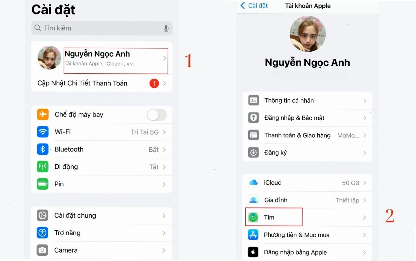 Truy cập vào Cài đặt và chọn mục Tìm trên iPhone của bạn