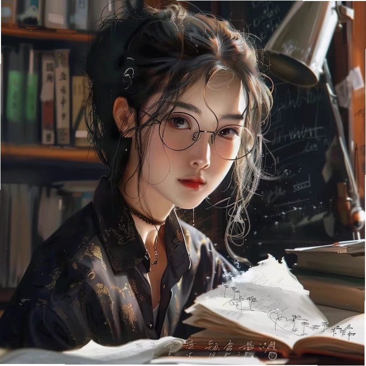 A girl sitting at a desk with a book in her hand
