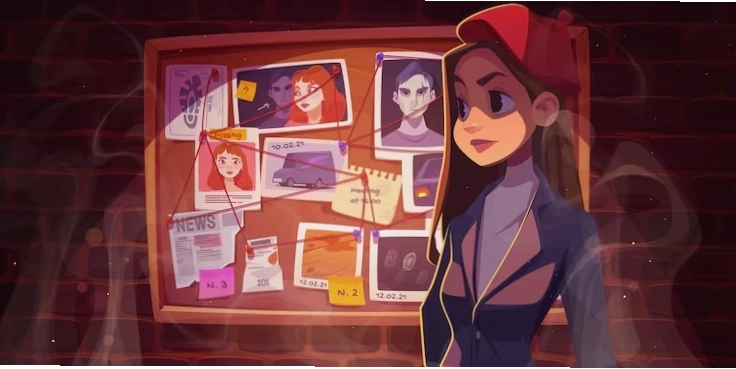 Detective girl standing at an evidence board with photos