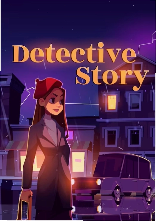 Detective story cartoon poster with woman on rainy night street