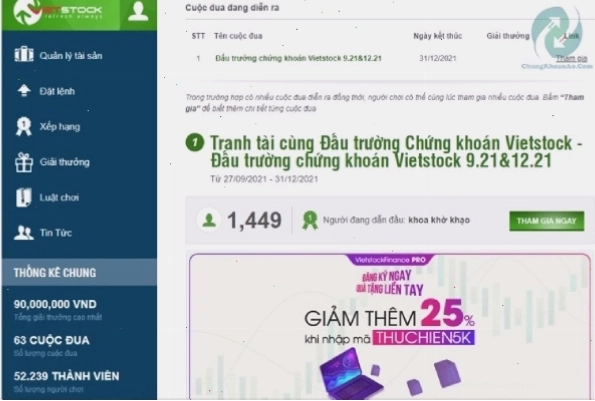 Giao diện sàn chứng khoán ảo Vietstock hiện đại