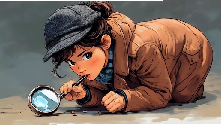 Young female detective examining clues with a magnifying glass