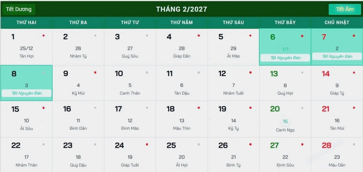 Lịch nghỉ tết và ý nghĩa ngày tết âm lịch 2027 đối với công chức