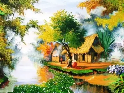 Tranh quê hương đẹp khắc họa cảnh làng quê yên bình