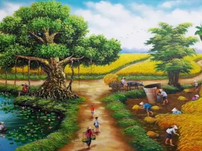 Tranh phong cảnh chợ quê đẹp, đậm nét truyền thống Việt